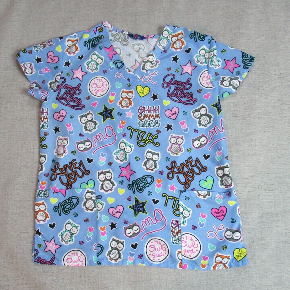 Zikit Scrub Top Womens S Blue Owls Hearts Short Sleeve Nurse Doctor Medical